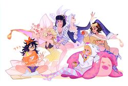  6+girls black_hair blonde_hair brown_hair bruno_bucciarati disney dress earrings english_commentary food genderswap_(mtf) ginmu giorno_giovanna guido_mista hair_ornament hairband holding jewelry jojo_no_kimyou_na_bouken leggings leone_abbacchio long_hair makeup messy_hair multiple_girls nail_polish narancia_ghirga nightgown pannacotta_fugo parody pencil_as_mustache pillow rule_63 short_hair shorts sleepwear socks style_parody vento_aureo white_background white_hair 