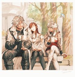  1boy 2girls ahoge alisaie_leveilleur bench bird braid braided_ponytail brown_hair coffee_mug cup elezen elf final_fantasy final_fantasy_xiv fingerless_gloves fur_trim gloves hair_ribbon highres hyur jacket kuroimori leaning_on_person long_hair looking_at_another mug multiple_girls pointy_ears red_hair ribbon ryne_waters shade short_hair sleeping sleeping_on_person smile thancred_waters tree white_hair white_jacket 