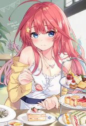  absurdres ahoge bare_shoulders blue_eyes breasts cake cake_slice cleavage closed_mouth commentary cup dated dress embarrassed female fingernails flower flower_necklace food food_on_face fork fruit fruit_sandwich glint go-toubun_no_hanayome hair_ornament highres holding holding_fork incoming_food indoors jacket jam jewelry lemon lemon_slice long_hair looking_at_viewer mousse_(food) nakano_itsuki necklace off_shoulder open_clothes open_jacket plate plate_stack pound_cake red_hair sakura_honoka_(srhk0623) sandwich scone sleeveless sleeveless_dress solo spaghetti_strap star_(symbol) star_hair_ornament star_necklace strawberry strawberry_shortcake swiss_roll tea teacup tiered_tray vase white_dress window yellow_jacket 