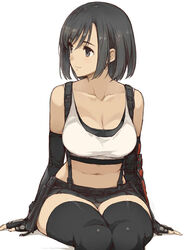  alternate_hair_length alternate_hairstyle black_gloves black_skirt black_thighhighs breasts brown_eyes brown_hair cleavage closed_mouth collarbone commentary_request crop_top dangle_earrings earrings elbow_pads female final_fantasy final_fantasy_vii final_fantasy_vii_remake gloves jewelry large_breasts looking_to_the_side midriff morisawa_haruyuki navel panties panty_peek pleated_skirt short_hair sitting skirt smile solo suspender_skirt suspenders suspenders_gap swept_bangs tank_top thighhighs tifa_lockhart underwear white_panties white_tank_top zettai_ryouiki 