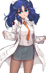  :d blue_hair bow commentary_request cowboy_shot female green_eyes grey_skirt hair_between_eyes hairbow japari_symbol kako_(kemono_friends) kemono_friends lab_coat long_hair long_sleeves looking_at_viewer necktie open_mouth orange_necktie pantyhose pencil_skirt shirt simple_background skirt sleeves_past_wrists smile solo tadano_magu white_background white_bow white_shirt 