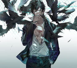  1boy belt bird black_hair blood blood_on_clothes blue_eyes cigarette commentary covering_own_mouth ekita_kuro gradient_background hand_in_pocket highres jacket kougami_shin&#039;ya looking_at_viewer manly open_clothes open_jacket panties psycho-pass shirt short_hair smoking standing tattoo underwear white_shirt 