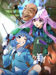  13-gou blue_bow blue_bowtie blue_eyes blue_hair blue_shirt blue_skirt boots bow bowtie breasts bubble_skirt collared_shirt commentary_request female flat_cap frilled_shirt_collar frills gloves green_headwear grin hair_bobbles hair_ornament hat hata_no_kokoro indian_style kawashiro_nitori key long_hair long_sleeves mask medium_breasts medium_hair one_eye_closed orange_skirt plaid plaid_shirt purple_eyes purple_hair rubber_boots shirt short_twintails sitting skirt skirt_set smile touhou twintails two_side_up very_long_hair welding welding_mask welding_torch white_gloves 