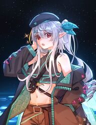  absurdres bare_shoulders belt beret black_hat black_jacket black_shirt blue_ribbon brown_belt crop_top female grey_hair hair_ornament hair_ribbon hat highres jacket long_hair long_sleeves looking_at_viewer maplesights navel nijisanji nijisanji_en off_shoulder official_alternate_costume official_alternate_hair_color open_clothes open_jacket open_mouth pointy_ears pomu_rainpuff pomu_rainpuff_(3rd_costume) pomudachi_(pomu_rainpuff) ponytail red_eyes ribbon shirt sleeveless sleeveless_shirt solo virtual_youtuber x_hair_ornament 