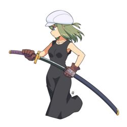  bare_arms bare_shoulders black_dress blue_eyes breasts brown_gloves cabbie_hat collarbone cropped_legs drawing_sword dress female gloves green_hair hat holding holding_sheath holding_sword holding_weapon katana looking_away muu_(mumumer) original sheath simple_background sleeveless sleeveless_dress small_breasts solo standing sword unsheathing weapon white_background white_hat yunomiya_agari 