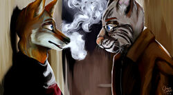  alternate_species anthro black_nose black_whiskers blue_eyes bobcat breaking_bad brown_body brown_clothing brown_coat brown_fur brown_topwear canid canine canis clothed clothing coat coyote detailed_background digital_media_(artwork) digital_painting_(artwork) duo eyewear felid feline fur furrification glasses grey_body grey_fur jacket jesse_pinkman lynx male mammal open_mouth orange_body orange_fur pink_nose poisonousskunk shaded shirt smoke text topwear walter_white whiskers white_whiskers 