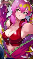  arm_up bare_shoulders blurry blurry_foreground breasts collarbone collared_vest commentary duel_monster female green_eyes grin hair_between_eyes hair_ornament headband high_collar highres jacket kashu_(hizake) ki-sikil_(yu-gi-oh!) large_breasts live_twin_ki-sikil long_sleeves multicolored_hair open_clothes open_jacket pink_hair pink_jacket red_vest smile solo streaked_hair sweat symbol-only_commentary symbol-shaped_pupils upper_body vest yu-gi-oh! zipper zipper_pull_tab 