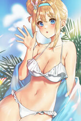  absurdres bare_shoulders bikini blonde_hair blue_eyes blue_sky blush breasts cleavage collarbone female frilled_bikini frills girls&#039;_frontline hair_ornament hairband hand_up highres kir_(khw66136132) korean_commentary long_hair looking_at_viewer medium_breasts navel official_alternate_costume open_mouth outdoors simple_background sky solo stomach suomi_(girls&#039;_frontline) suomi_(midsummer_pixie)_(girls&#039;_frontline) swimsuit white_bikini 