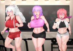  abs chanary female female_only fujiwara_no_mokou fully_clothed huge_ass huge_breasts hypnosis iku_nagae lips midriff mind_control navel raiko_horikawa sportswear thick_thighs touhou wide_hips 