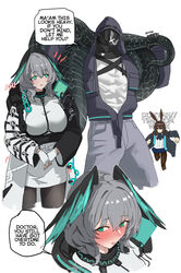  1boy 2023 2girls amiya_(arknights) arknights blazingchaos blush doctor_(arknights) english_text gloves green_eyes grey_hair hi_res ho&#039;olheyak_(arknights) hood jacket large_tail lifting long_tail mask muscular_male red_blush simple_background snake_tail standing tail text 