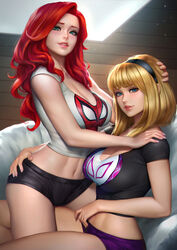  2girls alternate_version_available blonde blonde_female blonde_hair blonde_hair_female female female_only fully_clothed girl_on_girl gwen_stacy gwen_stacy_(classic) hairband marvel marvel_comics mary_jane_watson neoartcore nudtawut_thongmai red_hair red_hair_female spider-man_(series) spider-man_crop_top themed_clothes 