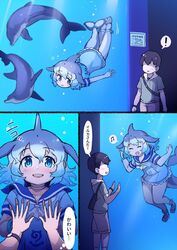  1boy 1boy1girl 1female 1girl1boy 1girls 1male against_glass air_bubble air_bubbles aqua_eyes aquarium blue_eyes blue_hair bubble cetacean cetacean_tail comic comics common_bottlenose_dolphin_(kemono_friends) dolphin dolphin_girl dolphin_tail dress faceless faceless_character faceless_male female fins fish fish_tail gradient_hair gray_hair green_hair highres human humanoid kemono_friends love_at_first_sight male_human multicolored_hair no_sex open_mouth personification sailor_dress short_hair swimming tail tanaka_kusao underwater white_hair 