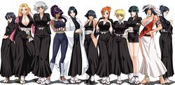  11girls 6+girls adjusting_hair alternate_costume amputee badge bandage bandages bandana bare_shoulders barefoot between_breasts black_hair bleach blonde_hair blush bodysuit braid breast_suppress breasts bridal_gauntlets choker cleavage collarbone contrapposto crossed_arms dark-skinned_female dark_skin erect_nipples everyone feet female female_only flat_chest front_braid fukutaichou_badge glasses gloves hair_between_breasts hair_up hakama hand_on_hip hands_on_hips haori happy huge_breasts inoue_orihime ise_nanao japanese_clothes jewelry kagami kimono kotetsu_isane kotetsu_kiyone kuchiki_rukia kukaku_shiba kurotsuchi_nemu labcoat large_breasts leg_wraps light_smile lineup long_hair long_legs looking_at_viewer looking_back matsumoto_rangiku mole multiple_girls necklace necklace_between_breasts no_bra open_clothes open_shirt open_toe_shoes orange_hair ponytail protruding_nipples purple_hair sandals scarf shadow shihakushō shihouin_yoruichi shirt shoes short_hair short_kimono silver_hair skirt smile socks soifon standing taichou_haori tattoo tied_hair toenails toes twintails unohana_retsu waraji wraps 