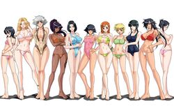  11girls 6+girls adjusting_hair ass ass_cleavage bangs bare_arms bare_legs barefoot beige_skin bikini bikini_bottom bikini_top black_hair bleach blonde_hair blue_eyes blue_swimsuit blunt_bangs blush bracelet braid breast_suppress breasts butt_crack center_opening cleavage clothes color contrapposto covering covering_breasts crossed_arms crossed_legs dark-skinned_female dark_skin erect_nipples everyone feet female female_only front_braid fundoshi glasses green_swimsuit hair_between_eyes hair_ornament hair_ribbon hairclip hand_on_hip hands_on_hips hands_on_own_chest hips impossible_clothes impossible_swimsuit inoue_orihime ise_nanao jewelry kagami kagami_(artist) kotetsu_isane kotetsu_kiyone kuchiki_rukia kukaku_shiba kurotsuchi_nemu large_breasts legs light_smile lineup long_hair looking_back lowleg lowleg_bikini matsumoto_rangiku medium_breasts mole mound_of_venus multiple_females navel one-piece_swimsuit open_mouth orange_hair payot pink_swimsuit ponytail purple_hair red_bikini_top red_swimsuit ribbon shadow shihouin_yoruichi side-tie_bikini sideboob silver_hair single_braid small_breasts soifon standing striped striped_bikini striped_swimsuit swimsuit take_your_pick tattoo thighs tied_hair toes topless twintails underboob unohana_retsu white_swimsuit wink yellow_eyes 