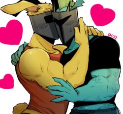  2010s 2017 2boys 3_hearts anthro anthro_only blush_lines boyfriends clothed dragon duo furry gay green_body green_skin heart helmet male male/male male_anthro muscular muscular_male rabbit rg01_(undertale) rg02_(undertale) scalie sfw underkadi undertale undertale_(series) unseen_male_face white_hair yaoi yellow_fur 