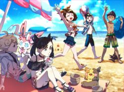  2girls 3boys :d ahoge alternate_costume arm_support arm_up asymmetrical_bangs bad_id bad_pixiv_id barefoot beach beach_towel beach_umbrella bede_(pokemon) black_choker black_hair black_nails black_shirt blonde_hair blurry bob_cut bow bowl brown_eyes brown_hair choker closed_eyes cloud collarbone commentary_request curly_hair dark-skinned_male dark_skin day eiscue eiscue_(ice) eyelashes food food_on_face gloria_(pokemon) green_eyes grin hair_ribbon highres holding holding_spoon holding_swim_ring hood hoodie hop_(pokemon) innertube komame_(st_beans) leaning_back male_swimwear marnie_(pokemon) midriff miniskirt morpeko morpeko_(full) multiple_boys multiple_girls nail_polish navel off-shoulder_shirt off_shoulder open_clothes open_mouth open_shirt outdoors pincurchin pokemon pokemon_(creature) pokemon_swsh red_ribbon ribbon sand sandals sandygast shaved_ice shirt short_hair shorts sitting skirt sky smile spoon standing swim_ring swim_trunks sylveon teeth themed_object toes tongue towel umbrella victor_(pokemon) wailord water white_footwear zipper 