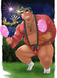  1boy aerial_fireworks bara belly blush bulge buzz_cut chest_hair cotton_candy dark-skinned_male dark_skin facial_hair facial_mark festival fireworks food forehead_mark fundoshi goatee grin happi highres holding holding_food japanese_clothes large_pectorals looking_at_viewer male_focus mature_male navel paid_reward_available pectoral_cleavage pectorals plump rampie_(piefactory) red_fundoshi short_hair sideburns sideburns_stubble smile solo sparse_chest_hair squatting stomach stubble thick_eyebrows thick_thighs thighs tokyo_afterschool_summoners tvastar_(housamo) very_short_hair 