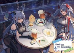  2girls ;d absurdly_long_hair absurdres aegir_(azur_lane) alcohol anchor_symbol antenna_hair arm_support armor armored_boots armpit_cutout azur_lane balcony beer beer_mug black_cape black_dress black_gloves black_horns black_panties black_thighhighs blush blush_stickers bodystocking boots bowl breast_curtains breast_rest breasts breasts_on_table building buttons cape chair city_lights cityscape clothing_cutout commission cross crossed_legs cup curled_horns demon_horns double-breasted dress drop_earrings earrings elbow_gloves english_text feet_out_of_frame fishnets foam food fork furrowed_brow garter_straps gloves grey_dress grey_gloves grey_hair halterneck headgear highres holding holding_bowl holding_cup horns iron_cross jewelry knife large_breasts leaning_forward long_hair long_sleeves looking_at_another looking_at_viewer manjuu_(azur_lane) military_uniform mug multicolored_hair multiple_girls night no_bra off_shoulder on_chair one_eye_closed open_mouth outdoors outstretched_arm panties parted_bangs plate prinz_eugen_(azur_lane) red_eyes red_gloves red_hair short_dress sideboob sideless_shirt sidelocks sitting skeb_commission smile straight_hair streaked_hair swept_bangs table takinashi_(friend_coffee) thank_you thigh_strap thighhighs thighs tile_floor tiles turtleneck two-tone_gloves two-tone_hair two_side_up underwear uniform unworn_cape very_long_hair window yellow_eyes 