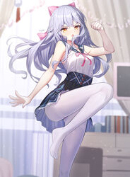  bare_arms bare_shoulders black_sailor_collar black_skirt blurry blurry_background breasts brown_eyes commentary curtains depth_of_field feet_out_of_frame female grey_hair hair_between_eyes high-waist_skirt highres indoors long_hair looking_at_viewer medium_breasts monitor no_shoes original pantyhose parted_lips ririko_(zhuoyandesailaer) saegusa_riko sailor_collar shirt skirt sleeveless sleeveless_shirt solo standing standing_on_one_leg v-shaped_eyebrows very_long_hair white_pantyhose white_shirt window 