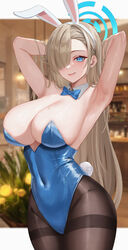  absurdres animal_ears armpits arms_behind_head arms_up asuna_(blue_archive) asuna_(bunny)_(blue_archive) bare_shoulders blonde_hair blue_archive blue_bow blue_bowtie blue_eyes blue_leotard blurry blurry_background bow bowtie breasts closed_mouth covered_navel detached_collar fake_animal_ears female floralmi hair_over_one_eye halo highres large_breasts leotard letterboxed mole mole_on_breast official_alternate_costume pantyhose playboy_bunny presenting_armpit rabbit_ears rabbit_tail revision sideboob smile solo strapless strapless_leotard tail thighband_pantyhose 