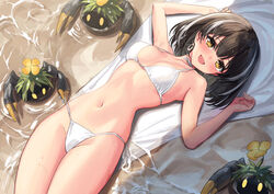  arknights bikini black_hair blush breasts brown_eyes choker crab earrings female highleg highleg_bikini highres jewelry looking_at_viewer lying magallan_(arknights) medium_breasts metal_crab_(arknights) multicolored_hair navel on_back open_mouth short_hair side-tie_bikini_bottom sigm@ streaked_hair swimsuit water wet white_bikini 