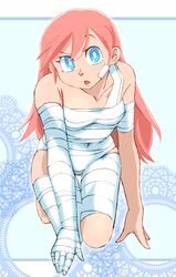  bandages blue_eyes breasts covered_navel doraemon doraemon:_nobita_to_tetsujin_heidan female graphite_(medium) long_hair looking_at_viewer millipen_(medium) naked_bandage onnaski open_mouth photoshop_(medium) pink_hair riruru solo traditional_media 