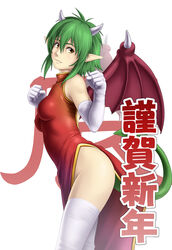  breasts china_dress chinese_clothes closed_mouth draco_centauros dress female gloves green_hair horns looking_at_viewer madou_monogatari photoshop_(medium) puyopuyo short_hair solo tail thighhighs thor_(deep_rising) wings yellow_eyes 