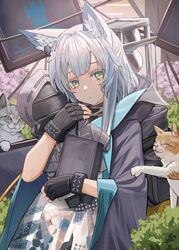  absurdres animal animal_ear_fluff animal_ears arknights backpack bag black_coat black_gloves book bracelet cameo cat_ears cat_girl character_doll closed_mouth coat cowboy_shot doctor_(arknights) dress eyebrows_hidden_by_hair feline female fingerless_gloves gloves green_eyes grey_hair highres holding holding_book infection_monitor_(arknights) jewelry long_hair looking_at_viewer meganeno_dokitsui open_clothes open_coat plant rosmontis_(arknights) screen solo white_dress 