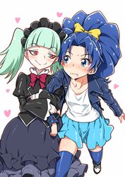  2girls biburi_(precure) black_dress blue_eyes blue_hair blue_jacket blue_skirt blue_thighhighs blush bow commentary_request dress green_hair hair_ornament hairbow happy heart jacket kirakira_precure_a_la_mode leather leather_jacket long_hair looking_at_another multiple_girls oerba_yun_fang ponytail precure red_eyes shirt shoes simple_background skirt smile tategami_aoi thighhighs thighs twintails white_background white_shirt yellow_bow yuri yuto_(dialique) 