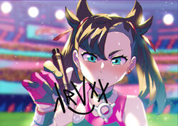  alternate_costume asymmetrical_bangs bad_id bad_pixiv_id black_choker black_hair character_signature choker commentary_request creative_signature drawing_on_fourth_wall earrings female gloves green_eyes hair_ribbon highres holding holding_marker jewelry komame_(st_beans) lights marker marnie_(pokemon) medium_hair pokemon pokemon_swsh ribbon signature signing stadium sweatdrop twintails writing 