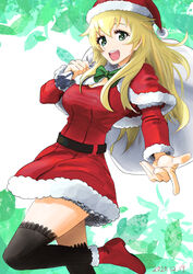  :d absurdres ankle_boots belt black_belt black_thighhighs blonde_hair boots bow bowtie capelet carpaccio_(girls_und_panzer) christmas commentary dated dress female fur-trimmed_capelet fur_trim girls_und_panzer girls_und_panzer:_atsumare!_minna_no_senshadou!! green_bow green_bowtie green_eyes hat highres holding holding_sack leaf leaf_background leg_up long_hair long_sleeves looking_at_viewer official_alternate_costume open_mouth oritako over_shoulder pointing pointing_at_viewer red_capelet red_footwear red_hat sack santa_costume santa_dress santa_hat short_dress smile solo standing standing_on_one_leg thighhighs 