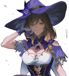  bad_id bad_twitter_id black_gloves breasts brown_hair cleavage dress earrings female flower genshin_impact gloves green_eyes hair_between_eyes hat hat_flower highres jewelry large_breasts lisa_(genshin_impact) long_hair looking_at_viewer parted_lips purple_flower purple_hat simple_background solo twitter_username ueauwa upper_body white_background witch_hat 