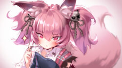  :&lt; animal_ear_fluff animal_ears arknights blurry blurry_background blush closed_mouth collarbone collared_shirt commentary_request depth_of_field female hair_between_eyes hand_up hellnyaa highres holding holding_needle looking_at_viewer needle pink_hair pink_tail red_eyes ribbon_trim sewing sewing_needle shamare_(arknights) shirt solo sparkle tail torn_clothes torn_shirt twintails upper_body white_shirt 