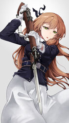  bayonet blue_jacket bolt_action dress female girls&#039;_frontline gloves green_eyes gun highres jacket light_brown_hair long_hair looking_at_viewer m1903_springfield nakiusagi parted_lips pov_stabbing rifle simple_background solo springfield_(girls&#039;_frontline) stab very_long_hair weapon white_background white_dress white_gloves 