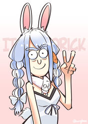  animal_ear_fluff animal_ears artist_name bare_shoulders blue_hair bow braid carillus carrot_hair_ornament commentary don-chan_(usada_pekora) english_commentary female food-themed_hair_ornament gradient_background hair_ornament hairbow hand_up highres hololive justin_roiland_(style) long_hair looking_at_viewer multicolored_hair o3o parody pink_background pun rabbit_ears rabbit_girl ribbon rick_and_morty rick_sanchez scarf simple_background smile solo style_parody thick_eyebrows toon_(style) twin_braids twintails two-tone_hair unibrow usada_pekora usada_pekora_(1st_costume) v virtual_youtuber white_bow white_hair white_ribbon 