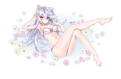  alternate_breast_size animal_ears arm_up armpits ass bare_arms bare_legs bare_shoulders barefoot bra breasts cat_ears elsword eve_(elsword) facial_mark feet female flower hand_up heart heart-shaped_pupils highres legs_up long_hair looking_at_viewer mal_poi medium_breasts navel panties pink_panties plantar_flexion red_eyes solo stomach string_panties symbol-shaped_pupils thighs toes underwear underwear_only white_background white_bra white_hair 