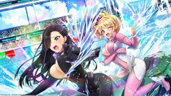  2girls :o ;o black_bodysuit black_hair blonde_hair blush bodysuit breasts butterfly_hair_ornament cleavage copyright_notice dolphin_wave hair_ornament hair_over_one_eye high_heels highres izumi_kiri jet_ski kurose_minami large_breasts long_hair marvelous multiple_girls official_art one_eye_closed open_bodysuit open_clothes pink_bodysuit purple_eyes revealing_clothes side_ponytail 