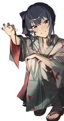  absurdres blue_hair blue_nails blue_ribbon blush eyelashes female full_body grey_kimono hair_ribbon hand_on_knees hand_up highres holding hololive hoshimachi_suisei japanese_clothes kimono logknn looking_at_viewer medium_hair nail_polish print_kimono ribbon sandals shadow side_ponytail sidelocks simple_background solo squatting star_(symbol) star_in_eye symbol_in_eye teeth toenail_polish toenails toes virtual_youtuber white_background wide_sleeves yukata zouri 