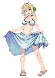  absurdres bikini blonde_hair braid braided_bangs braided_bun breasts clothes_lift commentary_request female full_body hair_bun highres kantai_collection long_hair looking_at_viewer medium_breasts official_alternate_costume perth_(kancolle) perth_(swimsuit_mode)_(kancolle) purple_eyes sandals sarong sarong_lift simple_background smile solo striped_bikini striped_clothes swimsuit white_background yashin_(yasinz) 