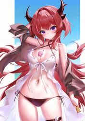  arknights arm_up bare_shoulders bikini black_bikini black_choker black_ribbon blush breasts choker cleavage closed_mouth collarbone commentary_request cowboy_shot criss-cross_halter ehart female food food_on_body food_on_breasts hair_intakes halterneck horns ice_cream ice_cream_cone large_breasts long_hair long_sleeves looking_at_viewer navel official_alternate_costume purple_eyes red_hair ribbon side-tie_bikini_bottom skindentation solo stomach surtr_(arknights) surtr_(colorful_wonderland)_(arknights) swimsuit tears thigh_strap very_long_hair 