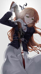  bayonet blood blue_jacket bolt_action dress female girls&#039;_frontline gloves green_eyes gun highres jacket light_brown_hair long_hair looking_at_viewer m1903_springfield nakiusagi parted_lips pov_stabbing rifle simple_background solo springfield_(girls&#039;_frontline) stab very_long_hair weapon white_background white_dress white_gloves 