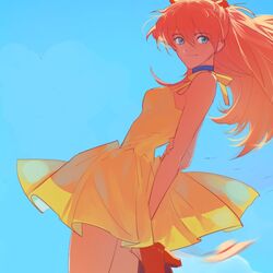  arms_behind_back blue_background blue_choker blue_eyes breasts bystander choker closed_mouth commentary dress female floating_hair hair_between_eyes headgear high_heels interface_headset jewelry long_hair medium_breasts neon_genesis_evangelion orange_hair ribbon simple_background sky solo souryuu_asuka_langley spaghetti_strap standing sundress symbol-only_commentary yellow_dress 