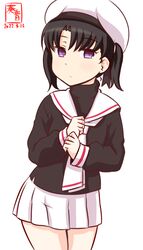  artist_logo black_hair black_shirt cardcaptor_sakura commentary_request cosplay cowboy_shot dated female kanon_(kurogane_knights) kantai_collection leaning_forward looking_at_viewer neckerchief one-hour_drawing_challenge pleated_skirt purple_eyes sailor_collar school_uniform serafuku shirt short_hair shounan_(kancolle) simple_background skirt solo standing tomoeda_elementary_school_uniform turtleneck twintails white_background white_neckerchief white_sailor_collar white_skirt 