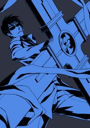  1boy black_hair blue_theme cigarette collared_shirt commentary_request cowboy_shot cross cross_punisher grey_background gun highres holding holding_gun holding_weapon ike_masato jacket large_cross limited_palette male_focus monochrome nicholas_d._wolfwood pants parted_lips shirt short_hair simple_background solo sunglasses trigun weapon 