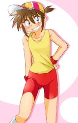  bakusou_kyoudai_let&#039;s_&amp;_go!! baseball_cap bike_shorts blush brown_eyes brown_hair female hat onnaski open_mouth photoshop_(medium) ponytail sagami_jun short_hair short_ponytail smile socks solo 