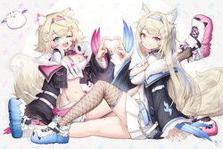  2girls absurdres animal_collar animal_ear_fluff animal_ears bandaid bandaid_hair_ornament belt black_collar black_jacket blonde_hair blue_belt blue_brooch blue_eyes blue_hair blue_hairband breasts brown_socks brown_thighhighs center_frills claws cleavage_cutout closed_mouth clothing_cutout collar colored_shoe_soles cropped_jacket cropped_shirt crossed_bangs cutout_above_navel detached_collar dog_ears dog_girl dog_tail double-parted_bangs dress fake_claws fake_horns fangs fishnet_socks fishnet_thighhighs fishnets flat_chest frilled_shirt_collar frilled_shorts frilled_sleeves frills fur-trimmed_jacket fur_trim fuwawa_abyssgard fuwawa_abyssgard_(1st_costume) hair_between_eyes hair_intakes hair_ornament hairband hairclip headphones headphones_around_neck heart heart_hands heart_hands_duo highres hololive hololive_english horns jacket kneehighs large_breasts long_hair long_sleeves mococo_abyssgard mococo_abyssgard_(1st_costume) multicolored_hair multiple_girls one_eye_closed open_mouth over-kneehighs perroccino_(fuwamoco) pink_belt pink_brooch pink_eyes pink_hair pink_hairband puffy_long_sleeves puffy_sleeves qiaogun_damodao shirt shoes short_dress short_hair short_shorts shorts siblings single_over-kneehigh single_thighhigh sisters sitting sneakers socks spiked_collar spikes streaked_hair t-shirt tail thighhighs twins two_side_up virtual_youtuber white_background white_dress white_footwear white_shirt white_shorts x_hair_ornament 