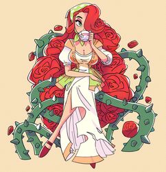  breasts briar_(mynotar) cleavage cup dress drinking female flower-shaped_hair full_body green_eyes hair_over_one_eye highres holding holding_cup light_brown_background long_hair medium_breasts mynotar original plant red_hair simple_background solo thorns very_long_hair vines 