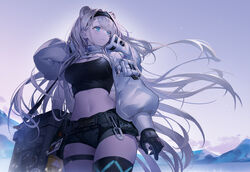  animal_ears arknights aurora_(arknights) aurora_(elite_ii)_(arknights) bear_ears black_gloves black_shirt blue_eyes breasts commentary commentary_request cowboy_shot crop_top female fur-trimmed_jacket fur_trim gloves grey_shorts horns infection_monitor_(arknights) jacket large_breasts long_hair long_sleeves midriff navel outdoors shirt short_shorts shorts shrug_(clothing) sky smile solo standing stomach thighs very_long_hair white_hair zerg_(z79438659) 