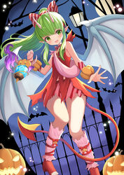  absurdres bow dragon_wings dress female fire_emblem fire_emblem:_mystery_of_the_emblem fire_emblem_heroes green_eyes green_hair hairbow hako_momiji halloween_costume highres holding jack-o&#039;-lantern long_hair open_mouth pointy_ears ponytail short_dress solo tiki_(fire_emblem) tiki_(young)_(fire_emblem) tiki_(young)_(halloween)_(fire_emblem) wings 