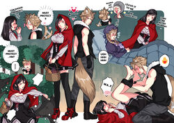  1boy 2girls animal_ears babigonice barefoot basket bed big_bad_wolf big_bad_wolf_(cosplay) black_gloves black_hair black_thighhighs blonde_hair blush breasts cloud_strife commentary_request cosplay crescent crescent_earrings earrings english_text feet fighting final_fantasy final_fantasy_vii final_fantasy_vii_remake full_body gloves grandmother_(little_red_riding_hood) grandmother_(little_red_riding_hood)_(cosplay) grey_hair heart holding holding_another&#039;s_leg holding_basket jewelry large_breasts little_red_riding_hood little_red_riding_hood_(grimm) little_red_riding_hood_(grimm)_(cosplay) long_hair lying marle_(ff7r) multiple_girls on_back parody red_footwear red_hood speech_bubble tail text_focus thighhighs tifa_lockhart wolf_ears wolf_tail 